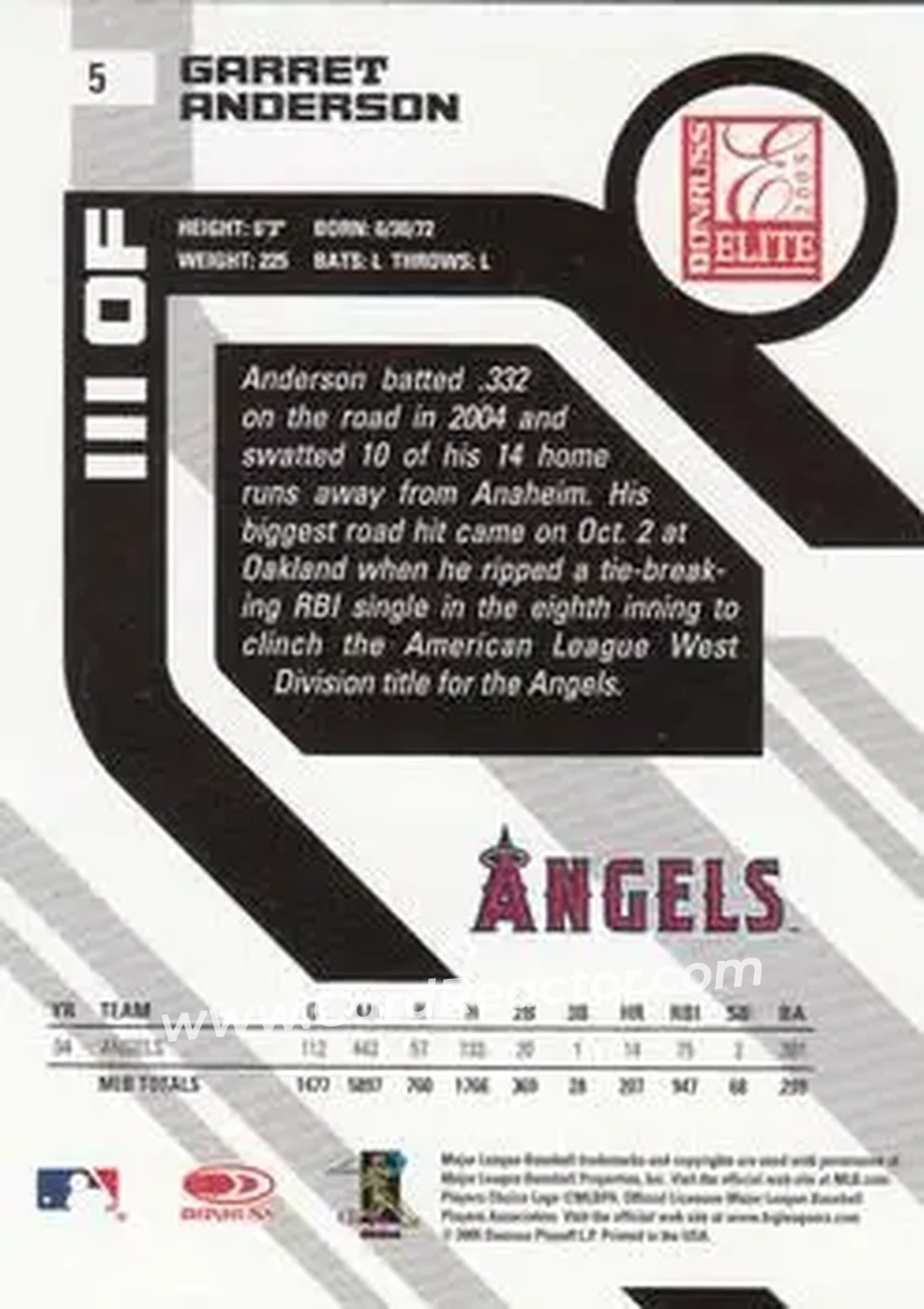 2005 Donruss Elite #5 - Garret Anderson - Los Angeles Angels - Back