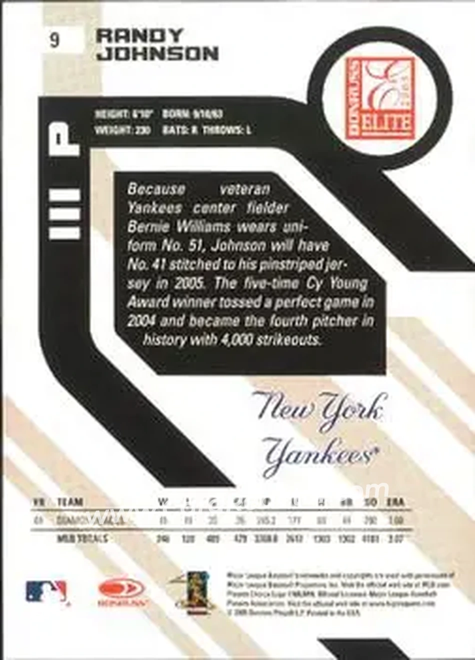 2005 Donruss Elite #9 - Randy Johnson - New York Yankees - Back