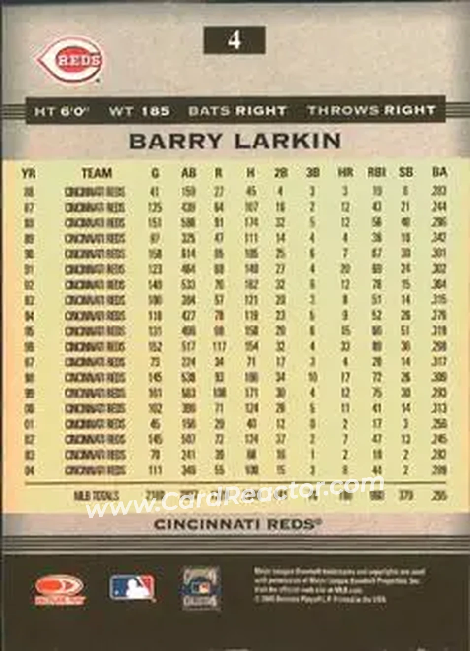 2005 Donruss Greats #4 - Barry Larkin - Cincinnati Reds - Back 2005 Donruss Greats #4 - Barry Larkin - Cincinnati Reds - Back