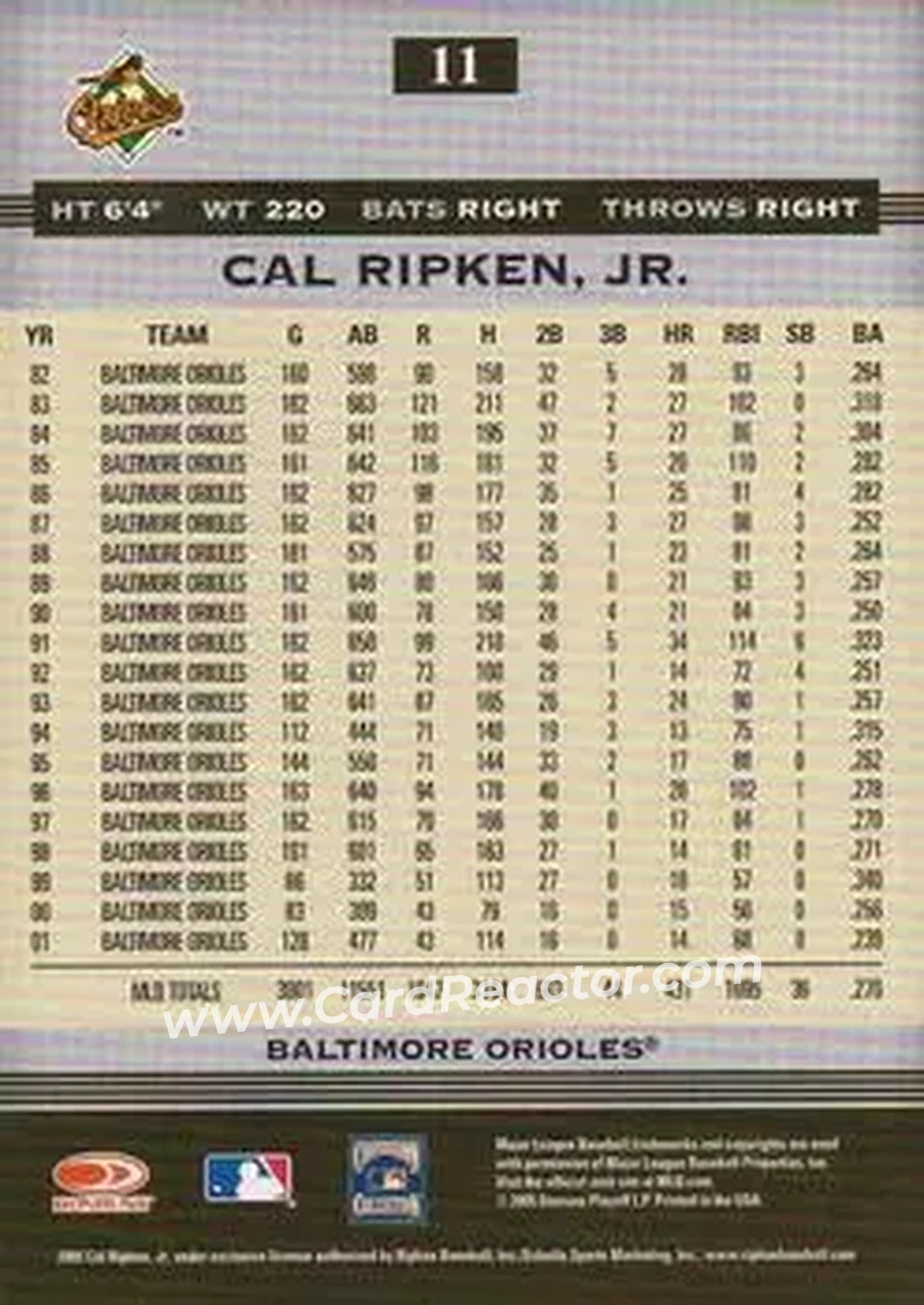 2005 Donruss Greats #11 - Cal Ripken - Baltimore Orioles - Back 2005 Donruss Greats #11 - Cal Ripken - Baltimore Orioles - Back
