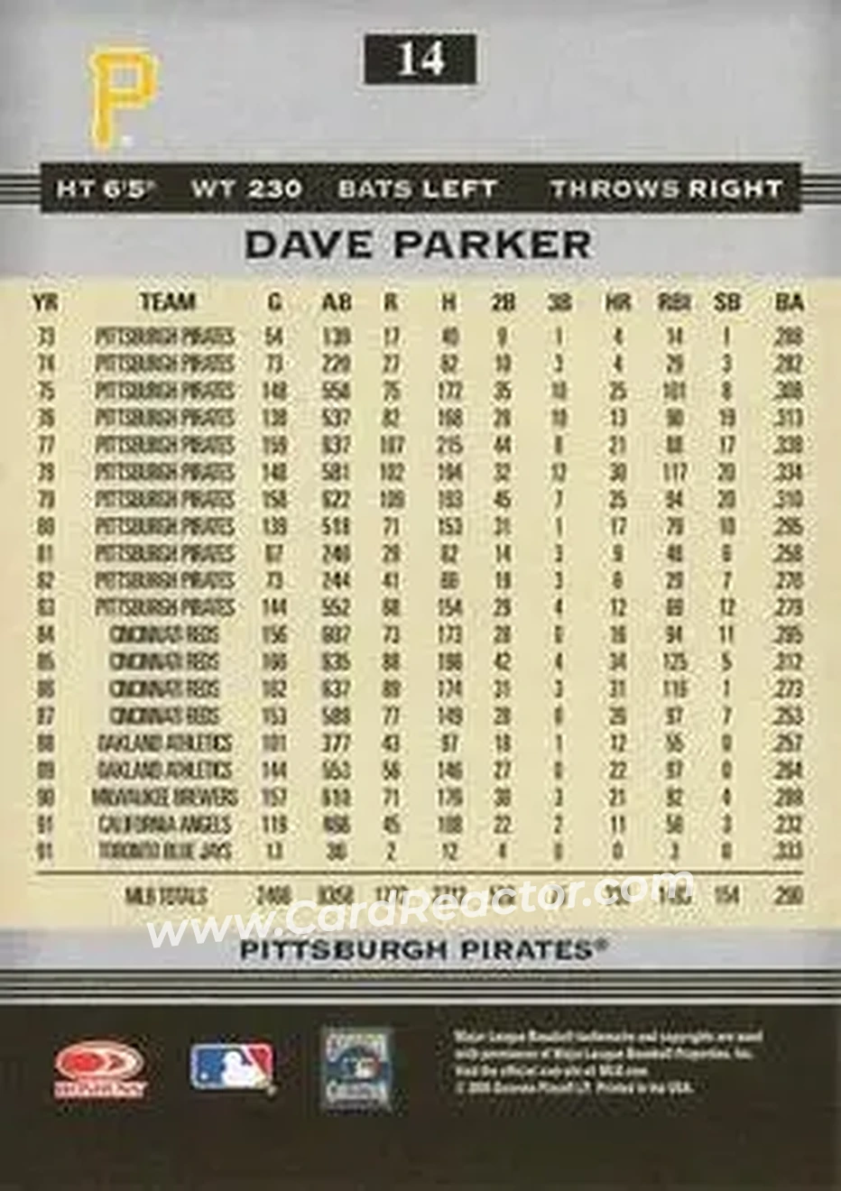 2005 Donruss Greats #14 - Dave Parker - Pittsburgh Pirates - Back