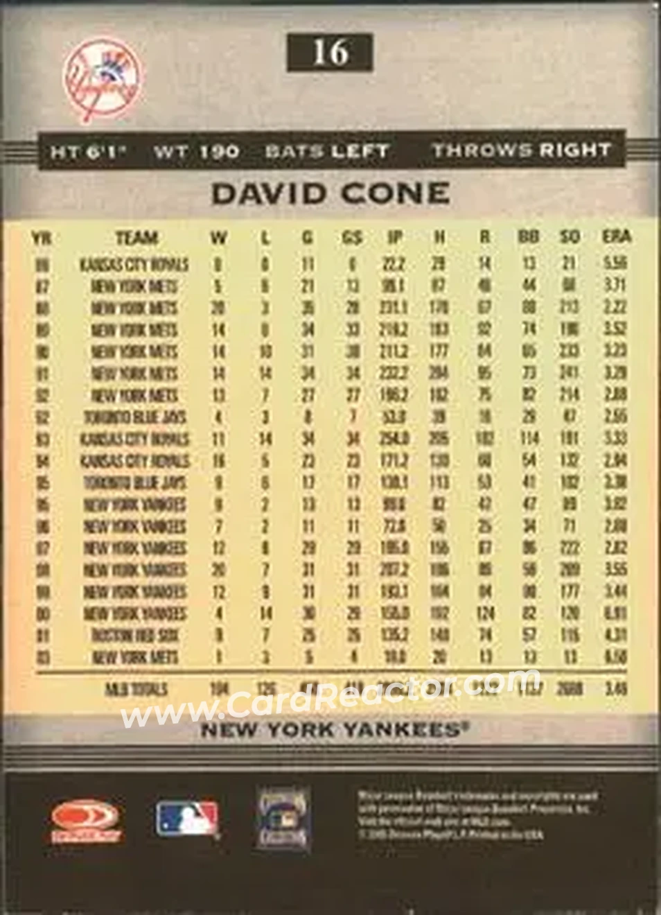 2005 Donruss Greats #16 - David Cone - New York Yankees - Back