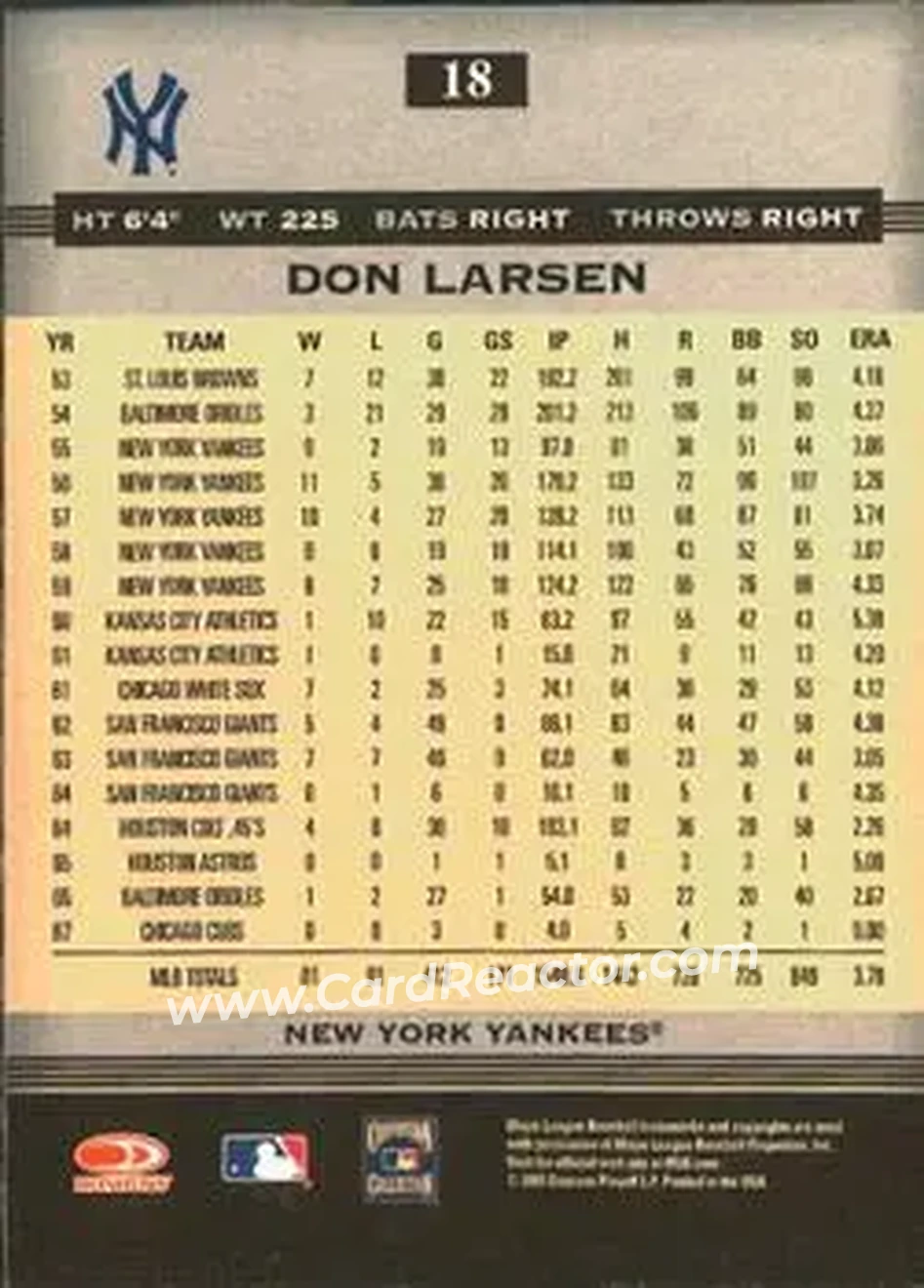 2005 Donruss Greats #18 - Don Larsen - New York Yankees - Back