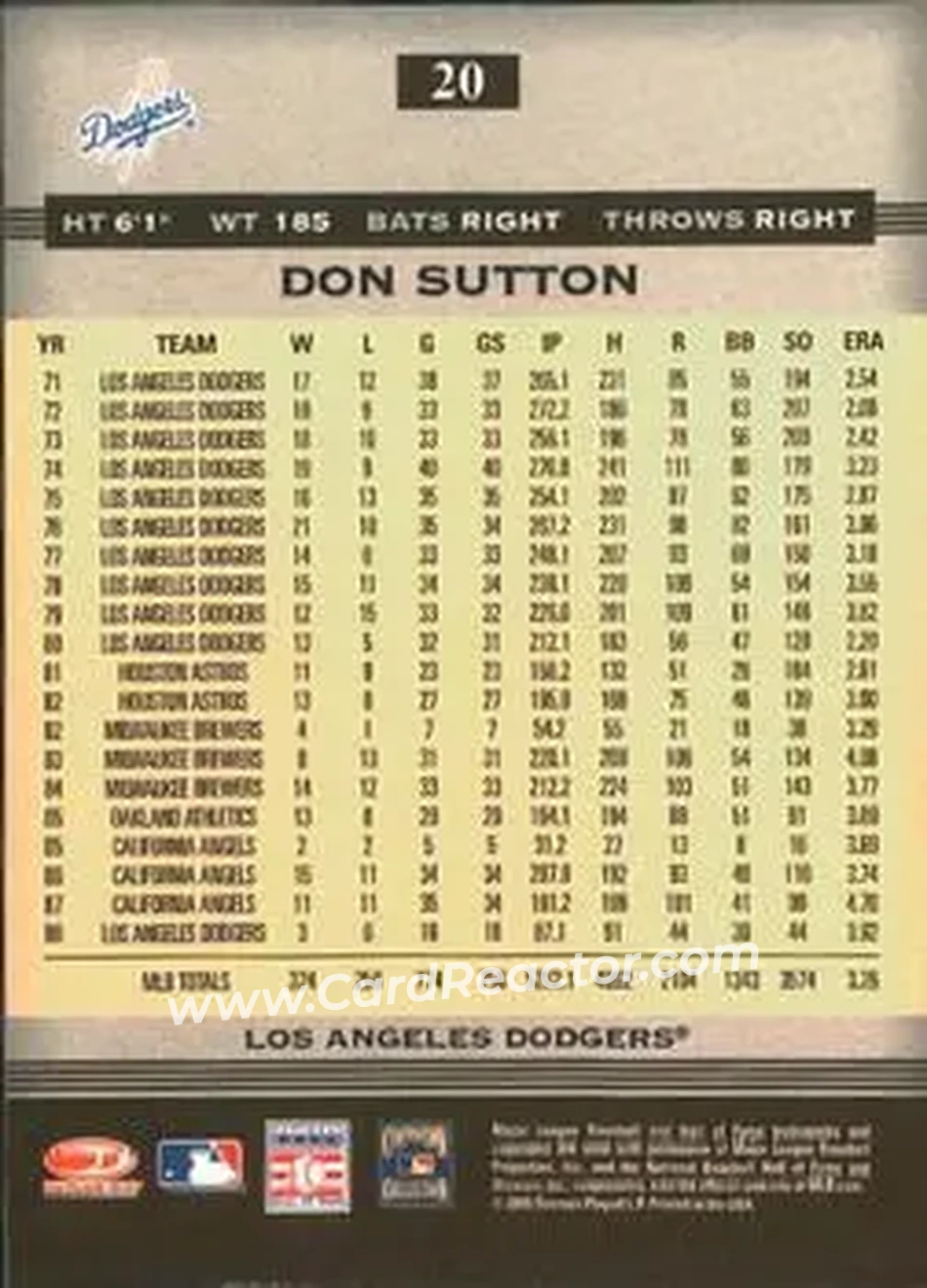 2005 Donruss Greats #20 - Don Sutton - Los Angeles Dodgers - Back 2005 Donruss Greats #20 - Don Sutton - Los Angeles Dodgers - Back