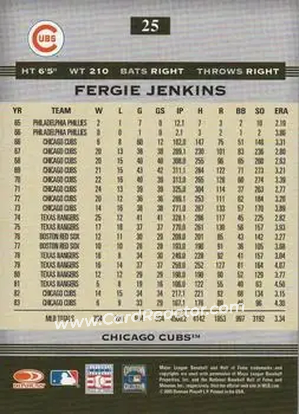 2005 Donruss Greats #25 - Ferguson Jenkins - Chicago Cubs - Back