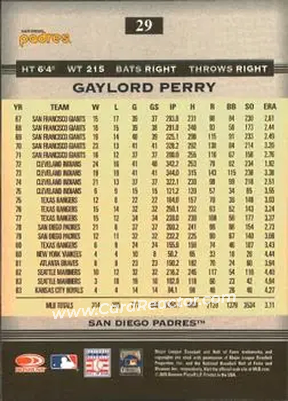 2005 Donruss Greats #29 - Gaylord Perry - San Diego Padres - Back 2005 Donruss Greats #29 - Gaylord Perry - San Diego Padres - Back