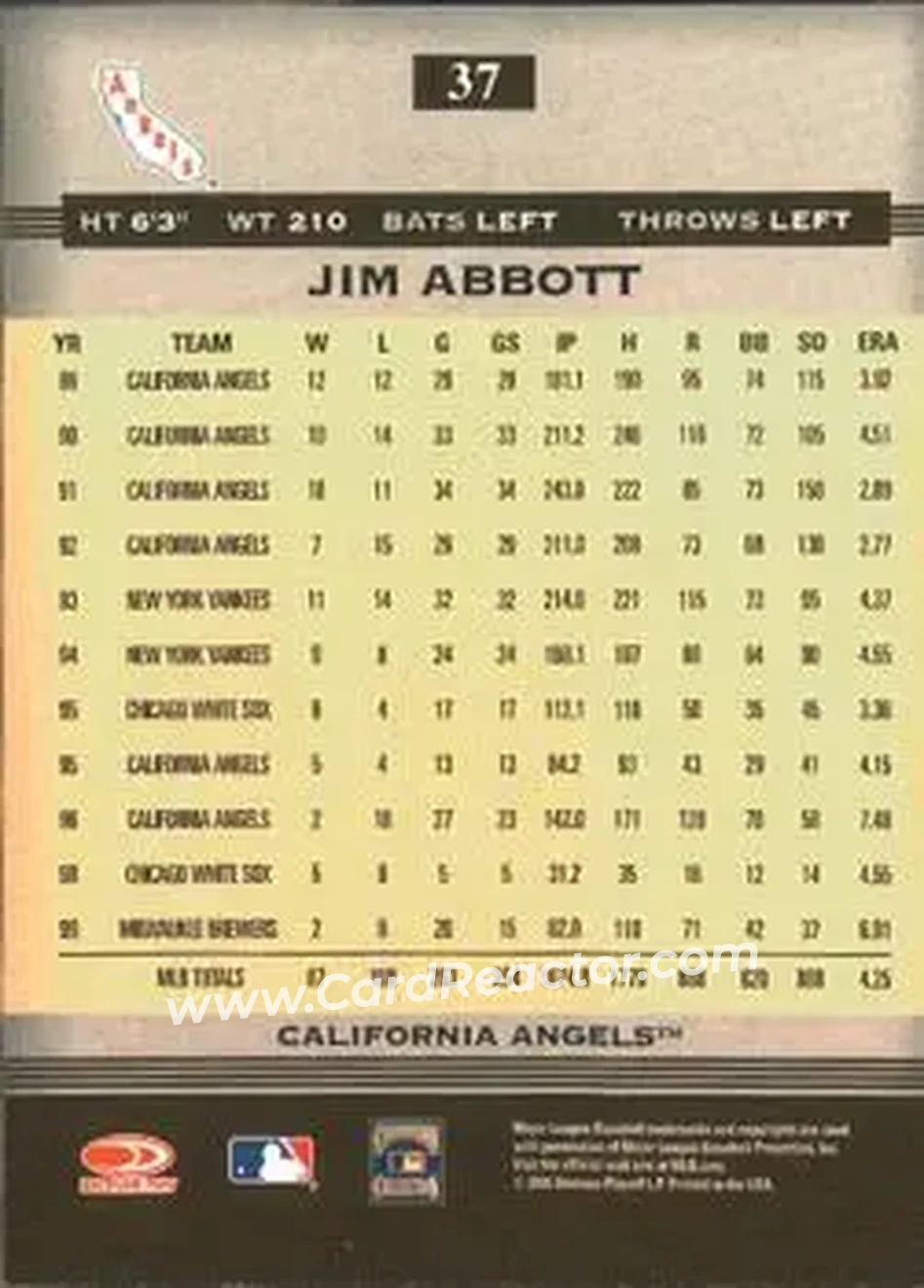 2005 Donruss Greats #37 - Jim Abbott - California Angels - Back