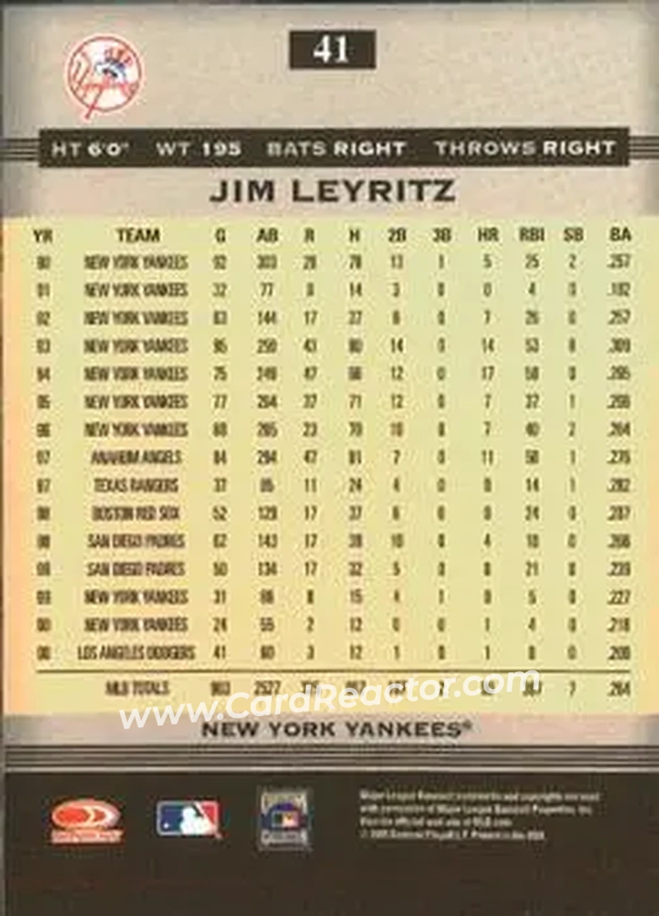 2005 Donruss Greats #41 - Jim Leyritz - New York Yankees - Back