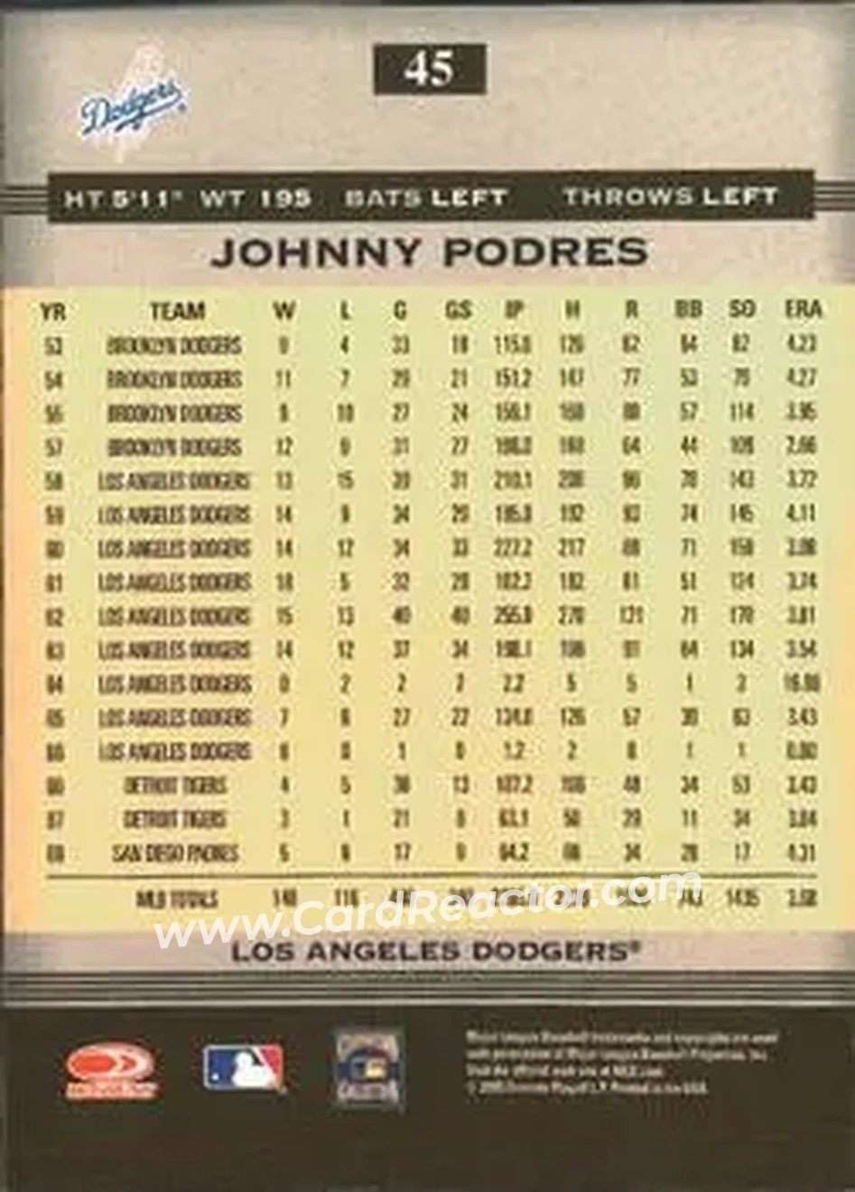 2005 Donruss Greats #45 - Johnny Podres - Los Angeles Dodgers - Back 2005 Donruss Greats #45 - Johnny Podres - Los Angeles Dodgers - Back