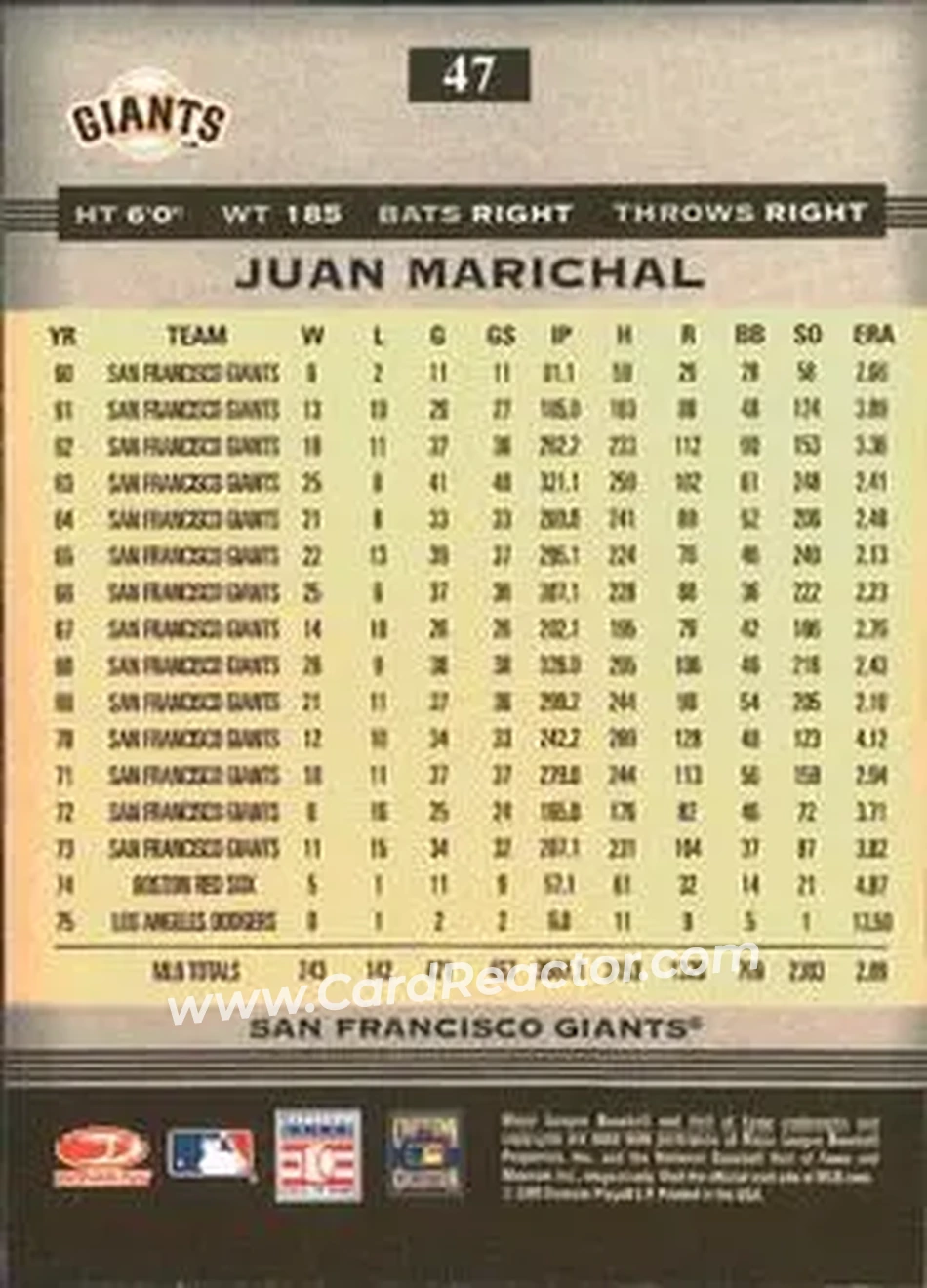 2005 Donruss Greats #47 - Juan Marichal - San Francisco Giants - Back