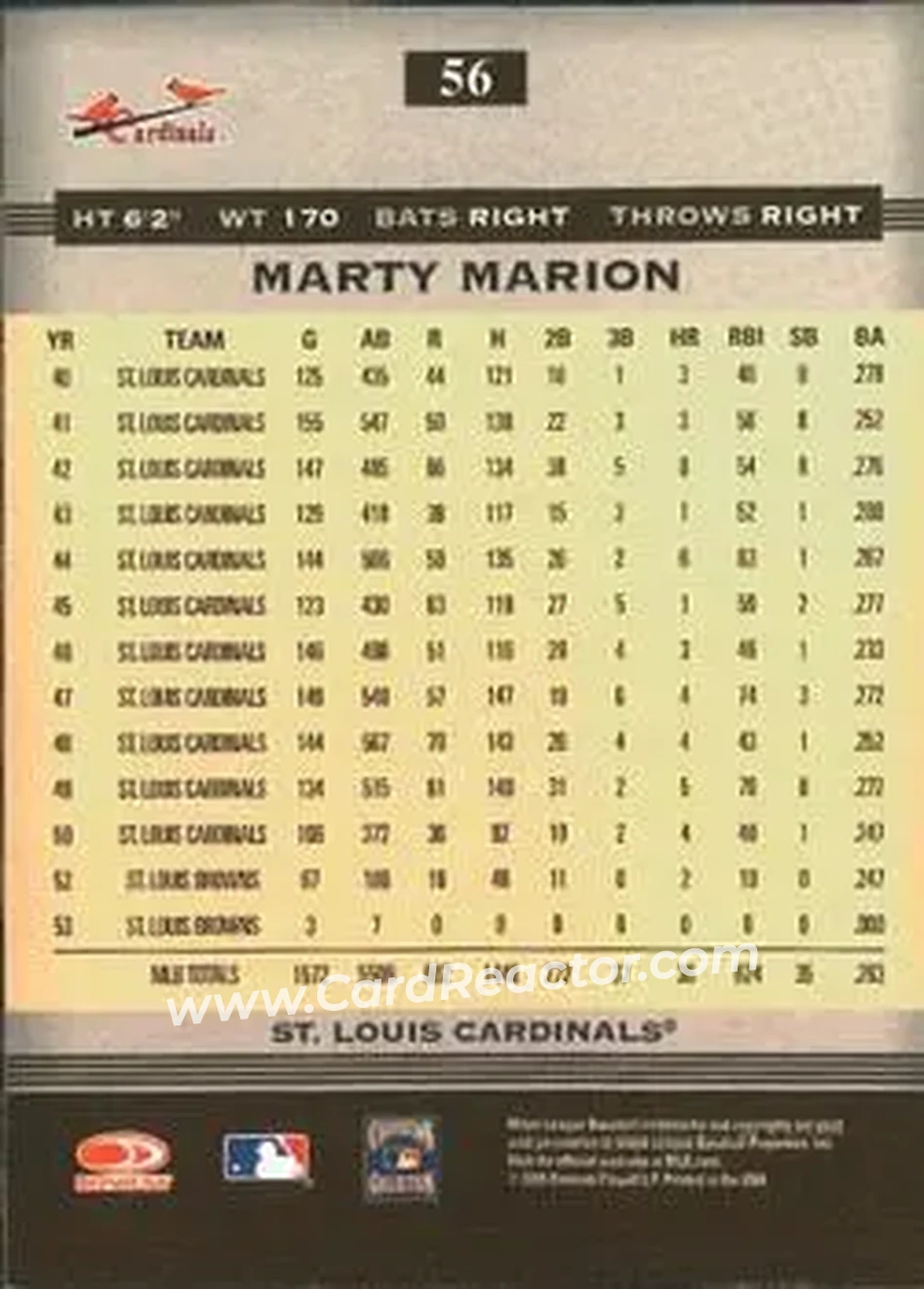 2005 Donruss Greats #56 - Marty Marion - St. Louis Cardinals - Back