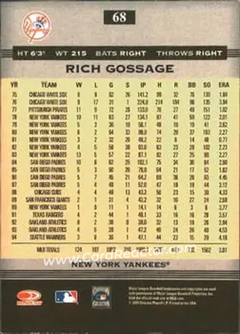2005 Donruss Greats #68 - Rich Gossage - New York Yankees - Back 2005 Donruss Greats #68 - Rich Gossage - New York Yankees - Back