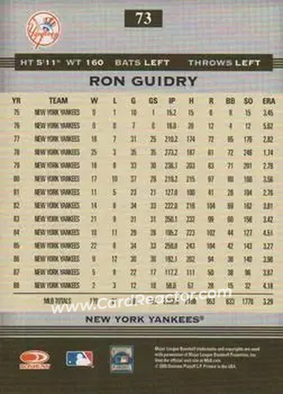2005 Donruss Greats #73 - Ron Guidry - New York Yankees - Back