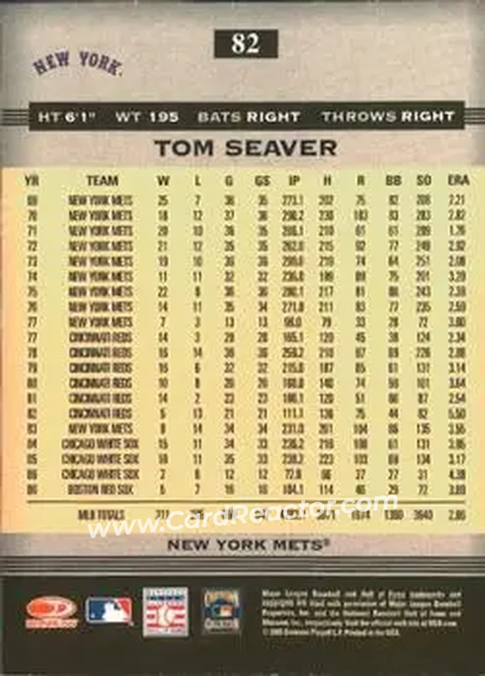 2005 Donruss Greats #82 - Tom Seaver - New York Mets - Back 2005 Donruss Greats #82 - Tom Seaver - New York Mets - Back
