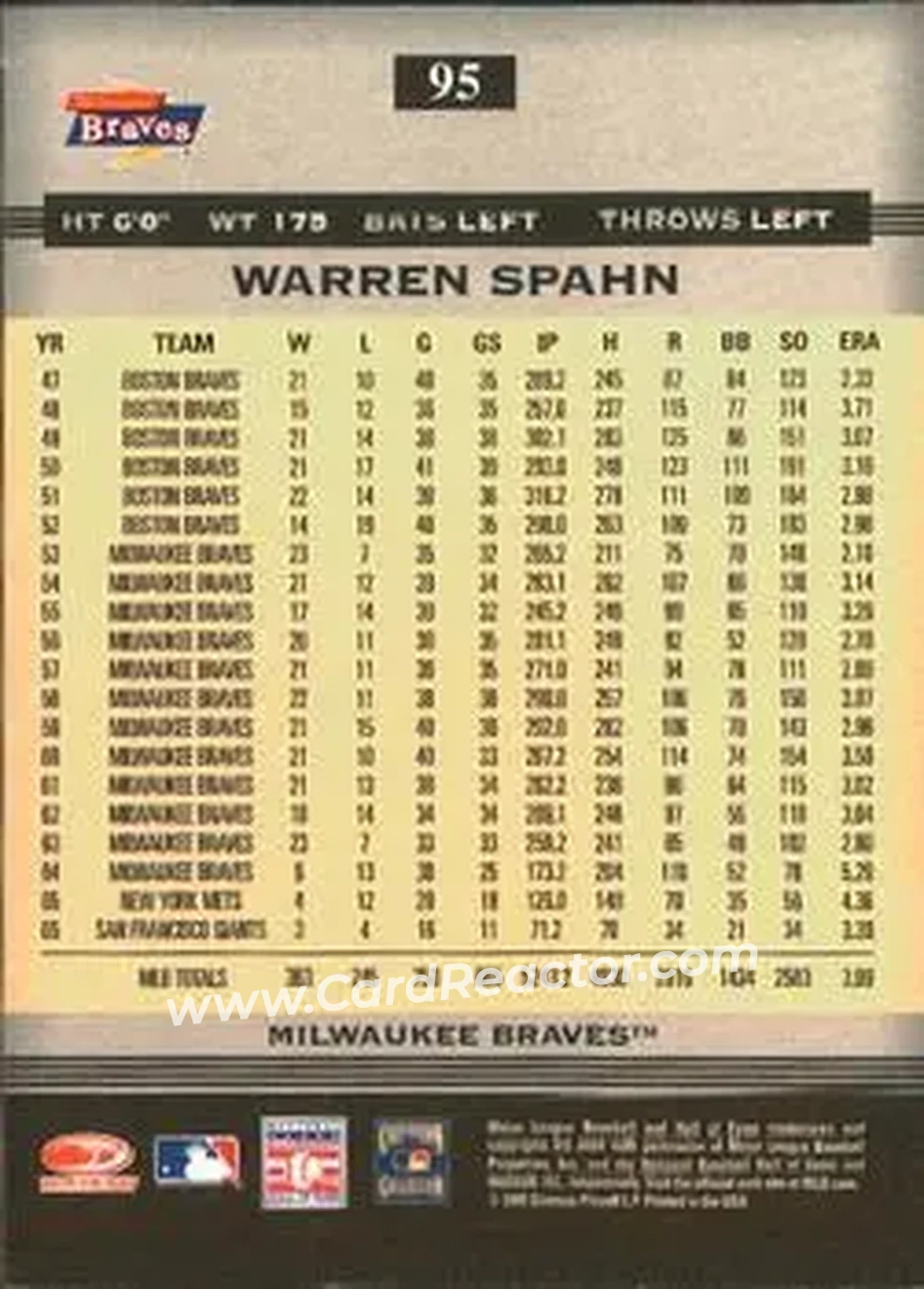 2005 Donruss Greats #95 - Warren Spahn - Milwaukee Braves - Back 2005 Donruss Greats #95 - Warren Spahn - Milwaukee Braves - Back