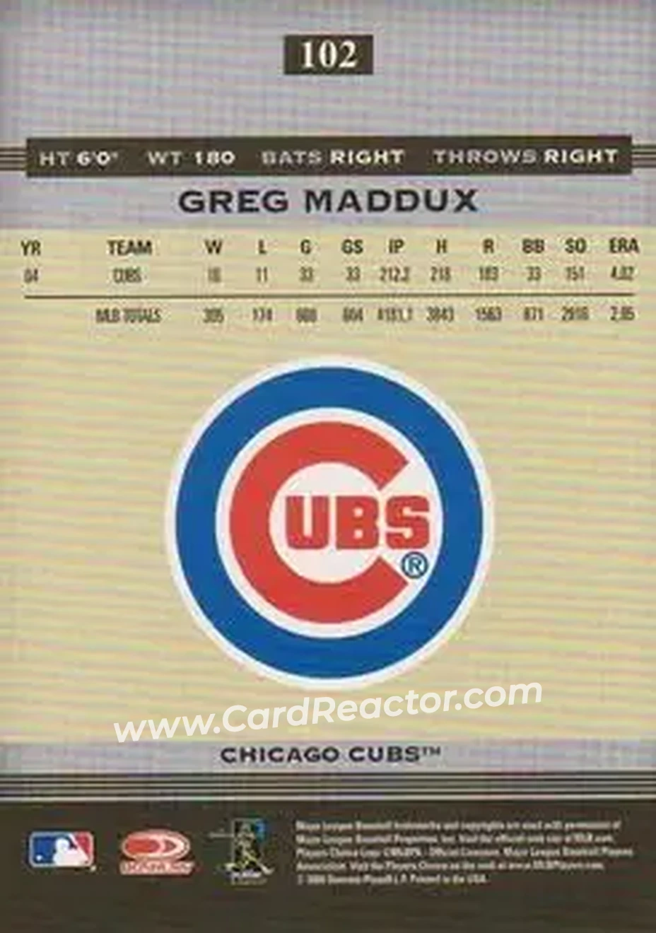 2005 Donruss Greats #102 - Greg Maddux - Chicago Cubs - Back
