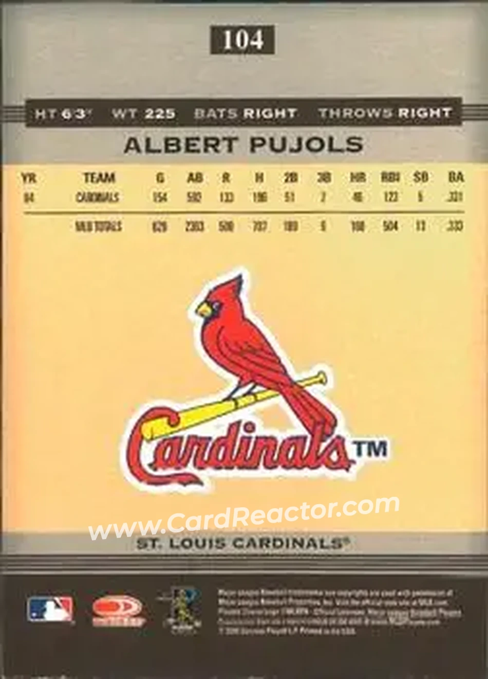 2005 Donruss Greats #104 - Albert Pujols - St. Louis Cardinals - Back