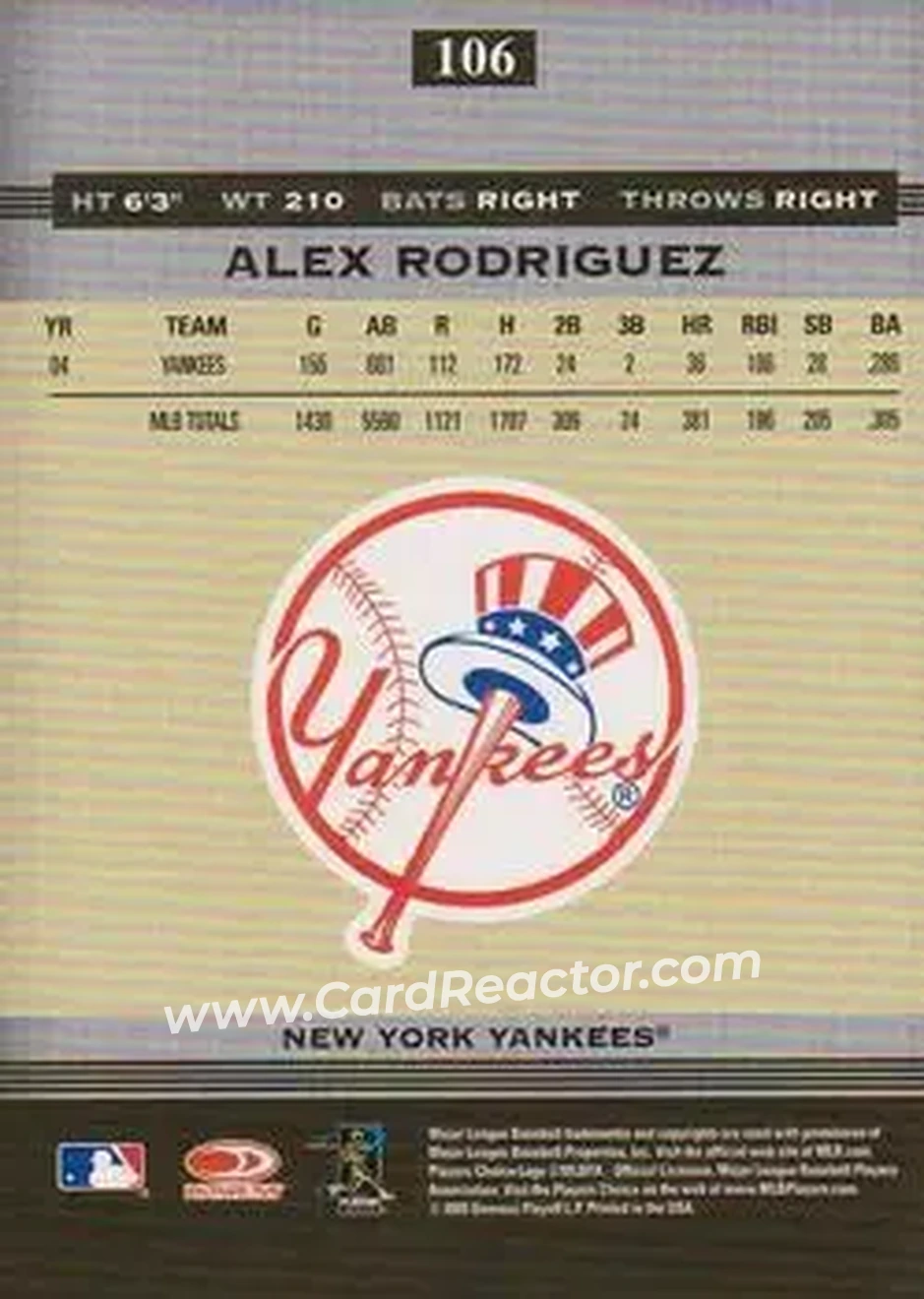 2005 Donruss Greats #106 - Alex Rodriguez - New York Yankees - Back