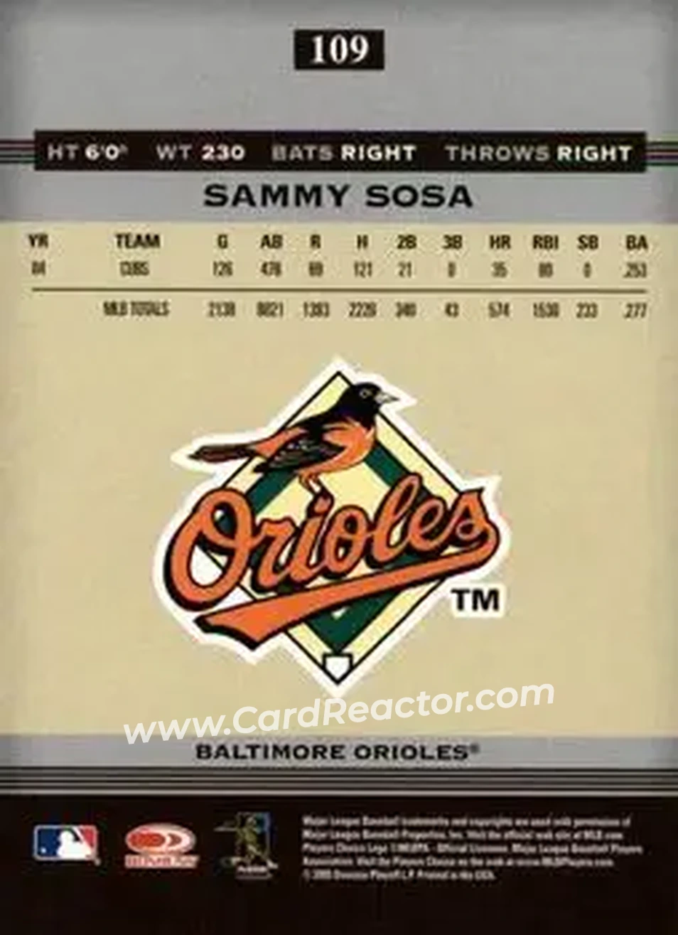 2005 Donruss Greats #109 - Sammy Sosa - Baltimore Orioles - Back