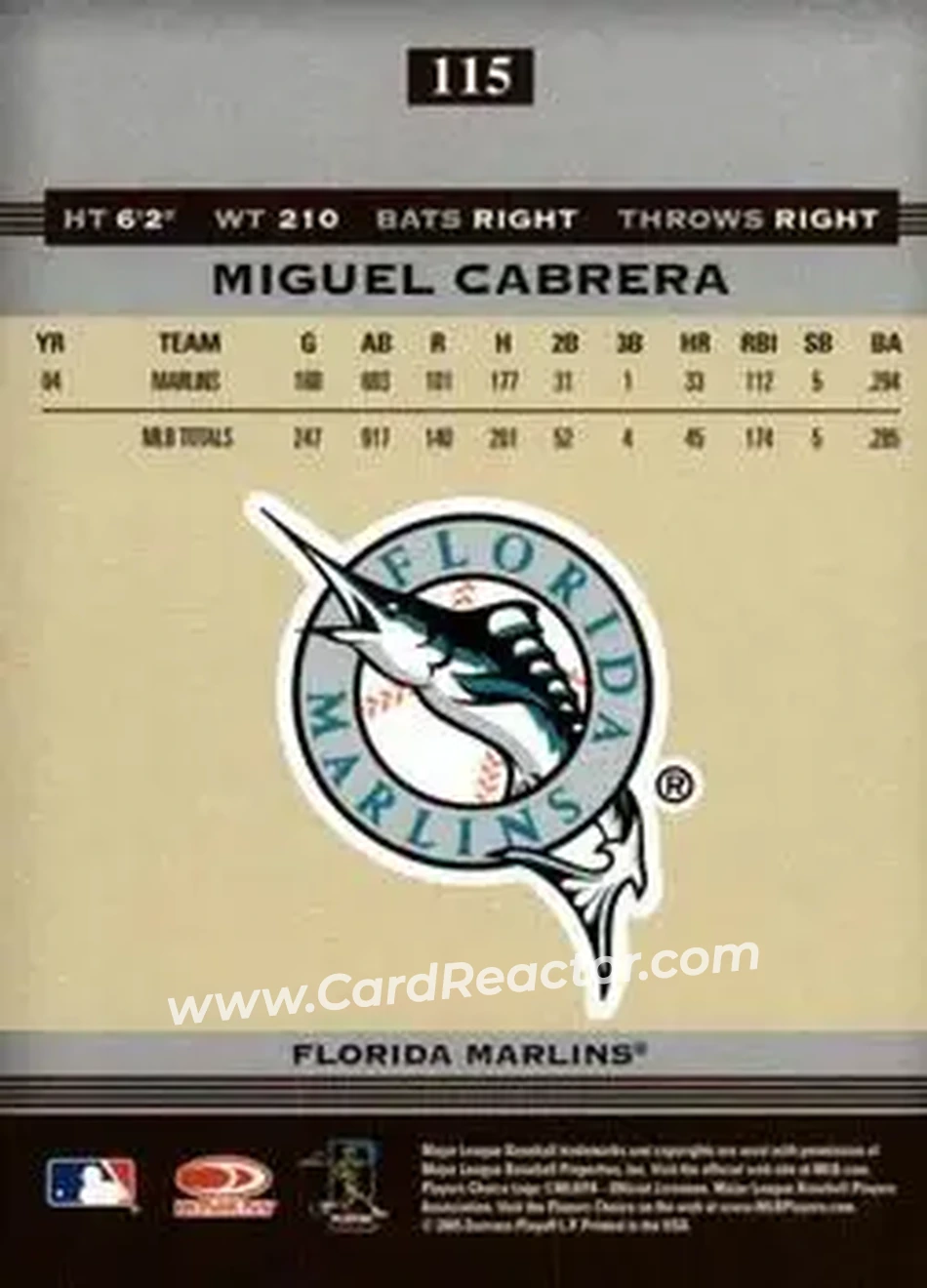 2005 Donruss Greats #115 - Miguel Cabrera - Florida Marlins - Back