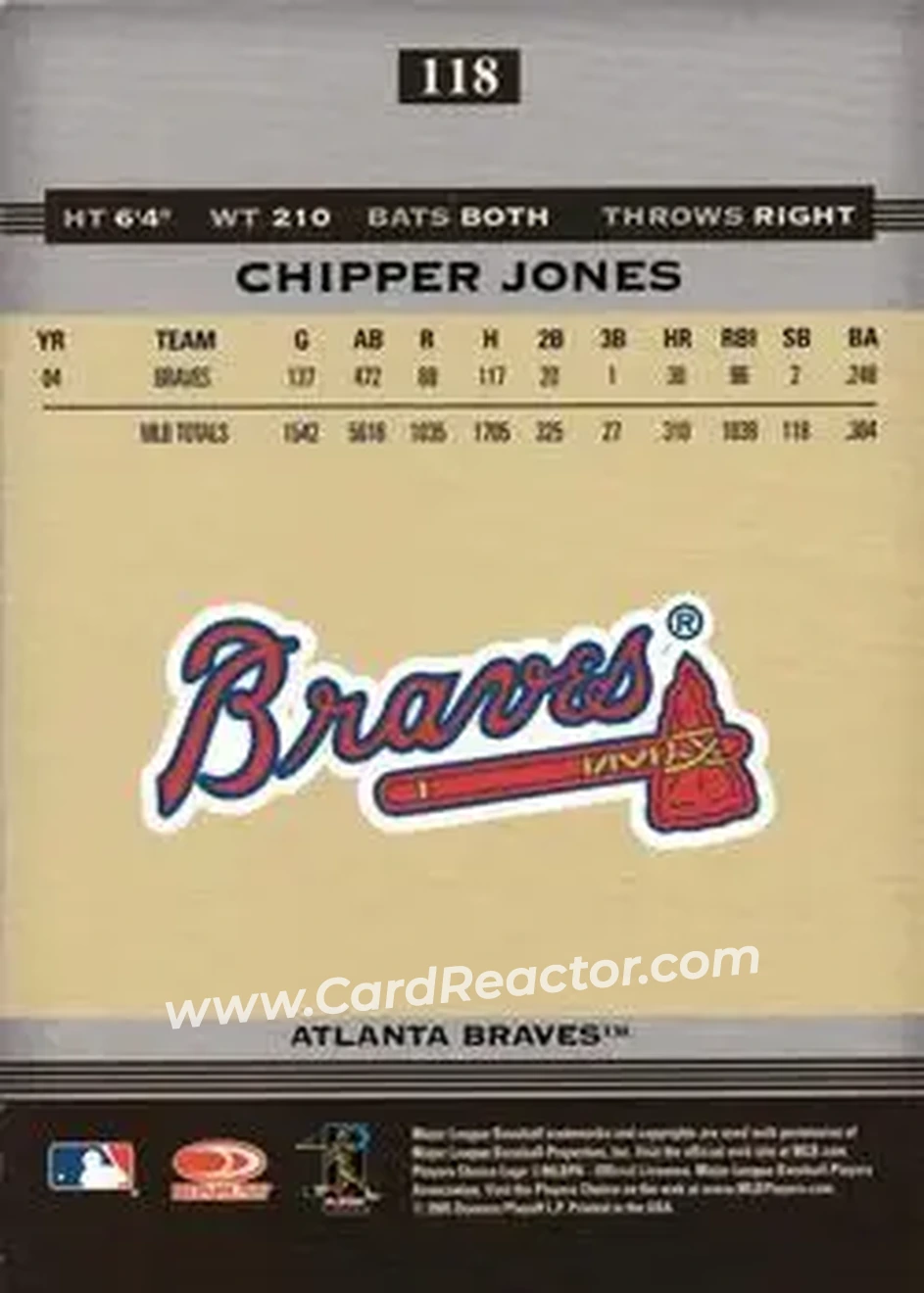2005 Donruss Greats #118 - Chipper Jones - Atlanta Braves - Back