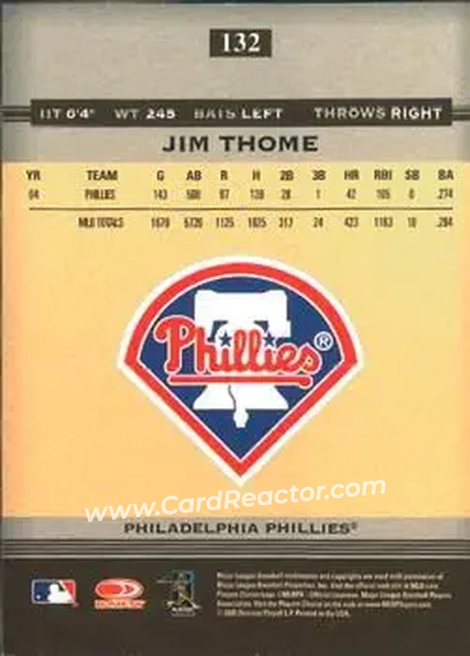 2005 Donruss Greats #132 - Jim Thome - Philadelphia Phillies - Back 2005 Donruss Greats #132 - Jim Thome - Philadelphia Phillies - Back
