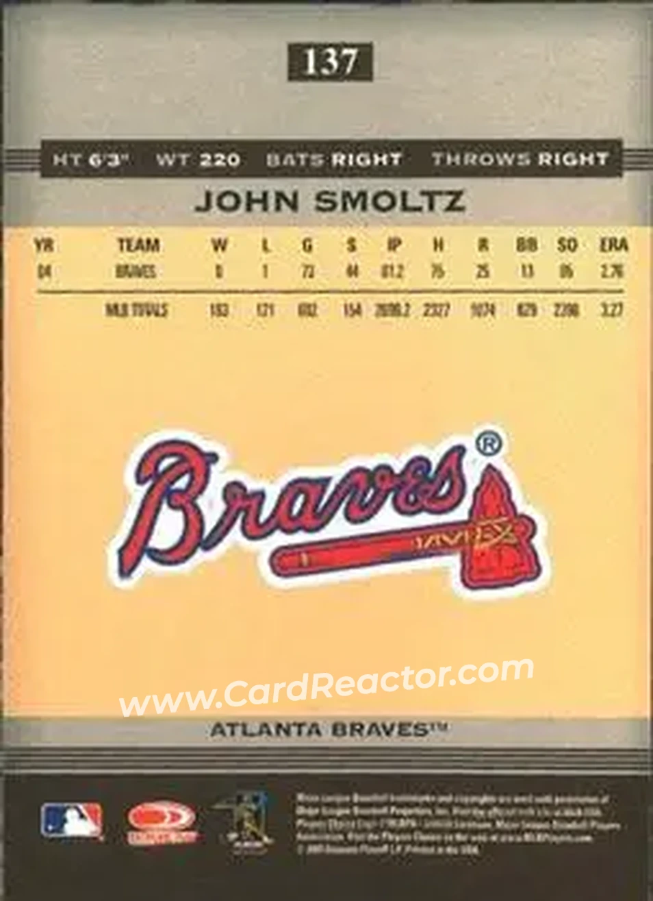 2005 Donruss Greats #137 - John Smoltz - Atlanta Braves - Back