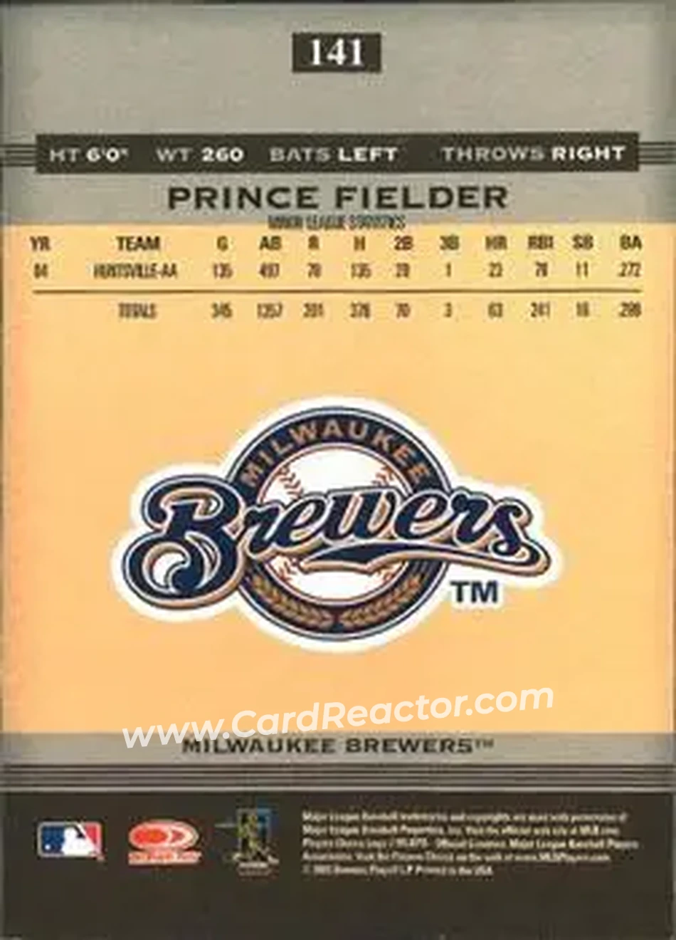 2005 Donruss Greats #141 - Prince Fielder - Milwaukee Brewers - Back