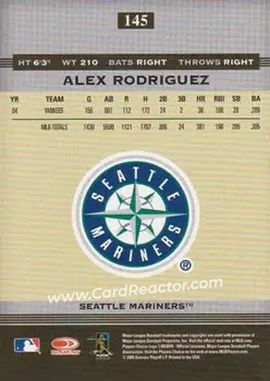 2005 Donruss Greats #145 - Alex Rodriguez - Seattle Mariners - Back 2005 Donruss Greats #145 - Alex Rodriguez - Seattle Mariners - Back