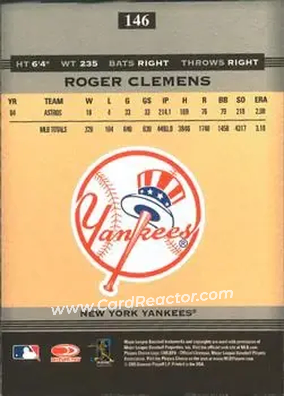 2005 Donruss Greats #146 - Roger Clemens - New York Yankees - Back