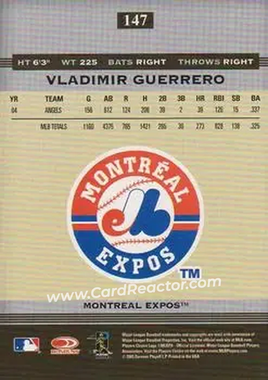 2005 Donruss Greats #147 - Vladimir Guerrero - Montreal Expos - Back