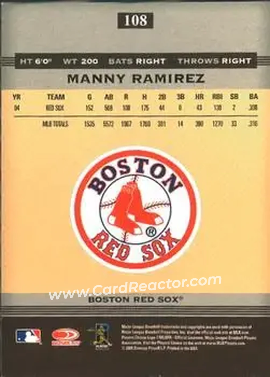 2005 Donruss Greats #108 - Manny Ramirez - Boston Red Sox - Back