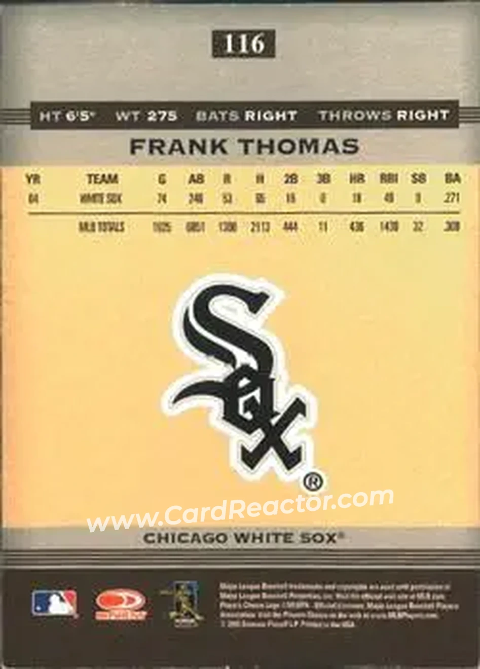 2005 Donruss Greats #116 - Frank Thomas - Chicago White Sox - Back