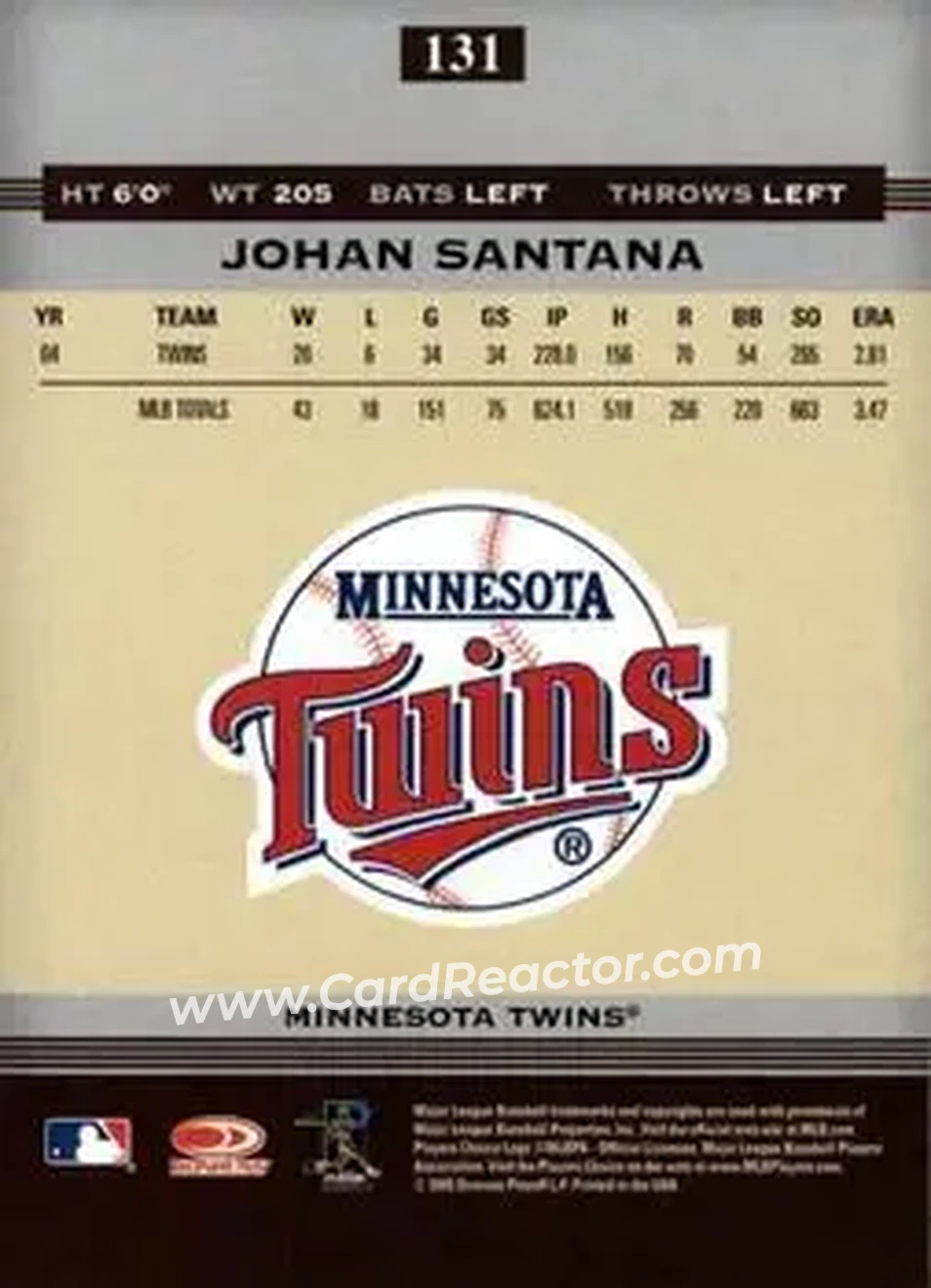 2005 Donruss Greats #131 - Johan Santana - Minnesota Twins - Back 2005 Donruss Greats #131 - Johan Santana - Minnesota Twins - Back