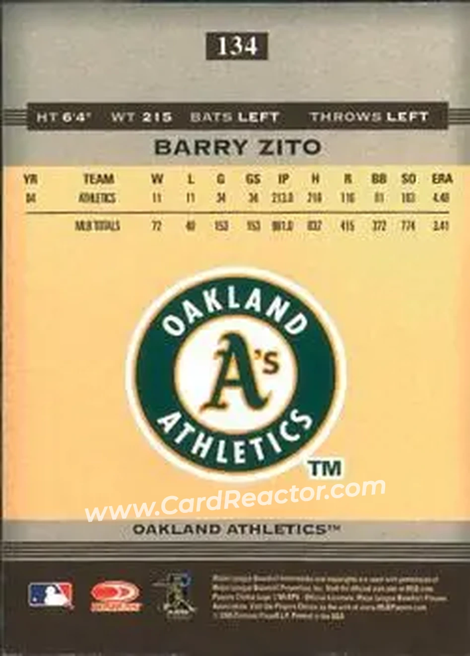 2005 Donruss Greats #134 - Barry Zito - Oakland Athletics - Back