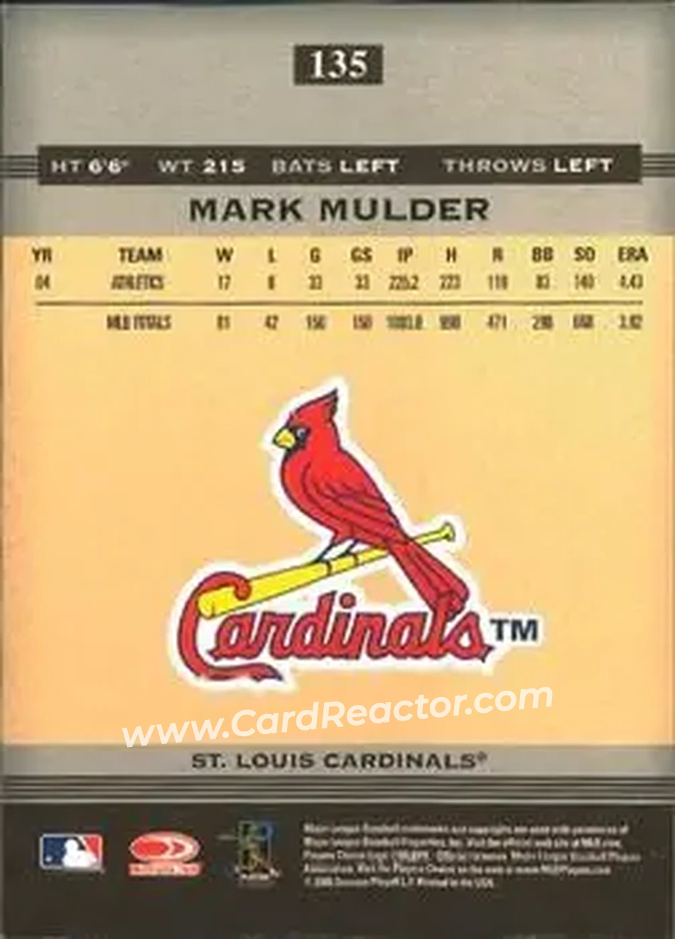2005 Donruss Greats #135 - Mark Mulder - St. Louis Cardinals - Back 2005 Donruss Greats #135 - Mark Mulder - St. Louis Cardinals - Back
