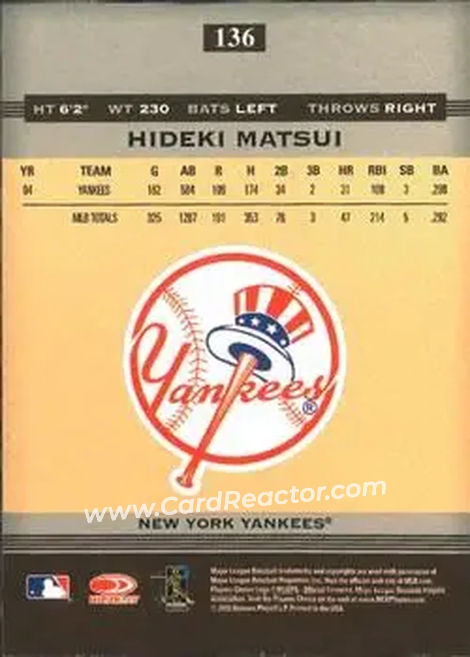 2005 Donruss Greats #136 - Hideki Matsui - New York Yankees - Back