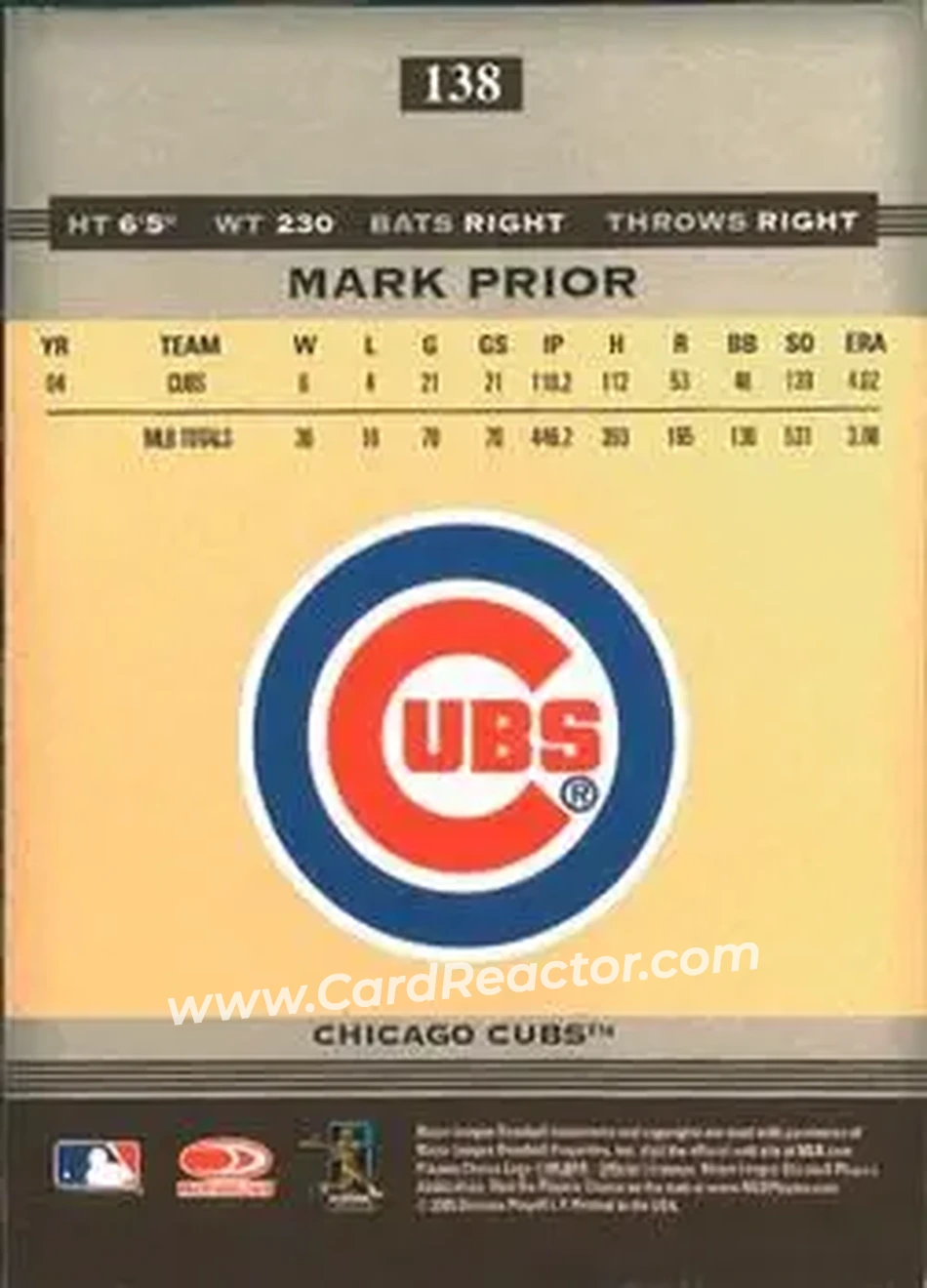 2005 Donruss Greats #138 - Mark Prior - Chicago Cubs - Back 2005 Donruss Greats #138 - Mark Prior - Chicago Cubs - Back