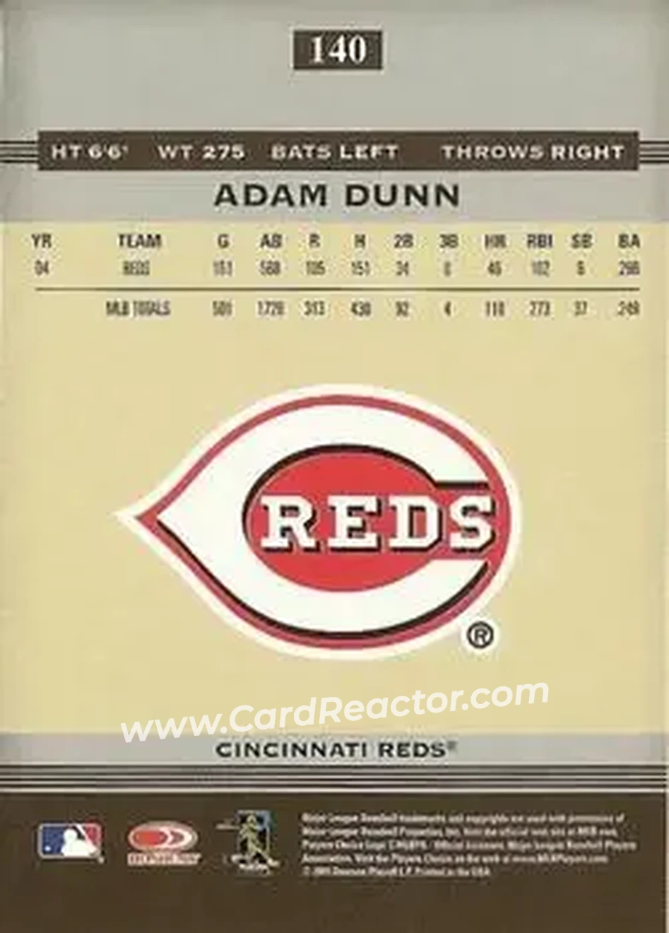 2005 Donruss Greats #140 - Adam Dunn - Cincinnati Reds - Back