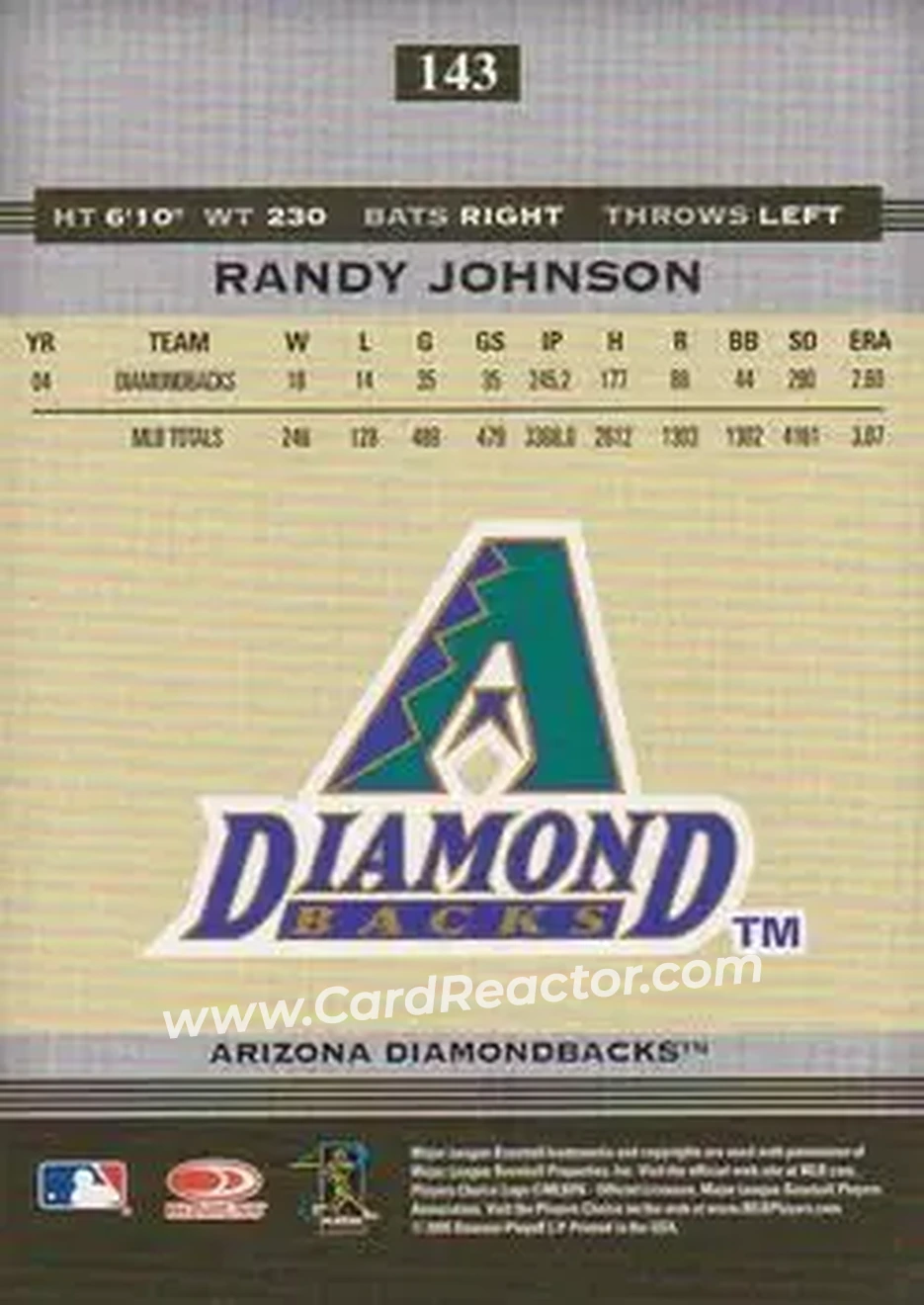 2005 Donruss Greats #143 - Randy Johnson - Arizona Diamondbacks - Back 2005 Donruss Greats #143 - Randy Johnson - Arizona Diamondbacks - Back