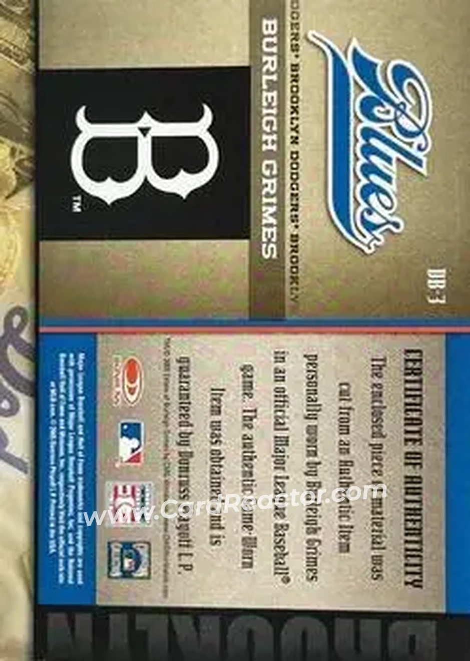 2005 Donruss Greats - Blues Brooklyn Dodgers Material #DB-3 - Burleigh Grimes - Brooklyn Dodgers - Back