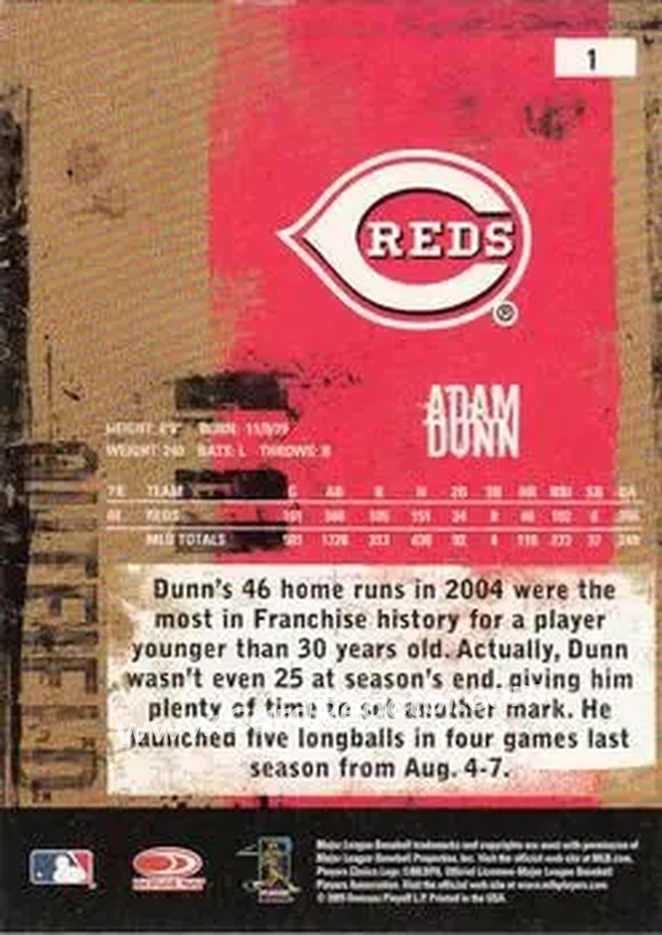 2005 Donruss Leather & Lumber #1 - Adam Dunn - Cincinnati Reds - Back