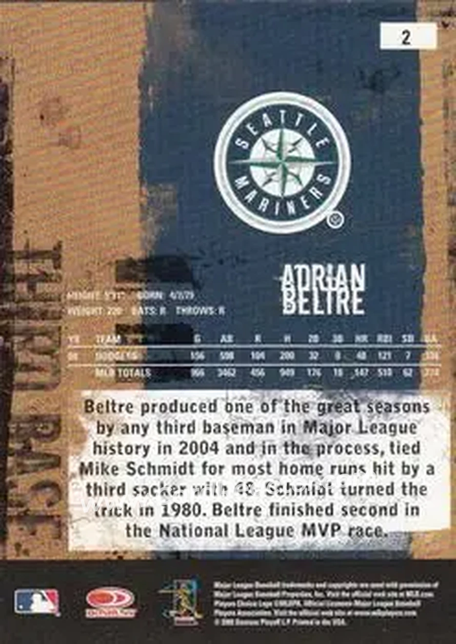 2005 Donruss Leather & Lumber #2 - Adrian Beltré - Seattle Mariners - Back
