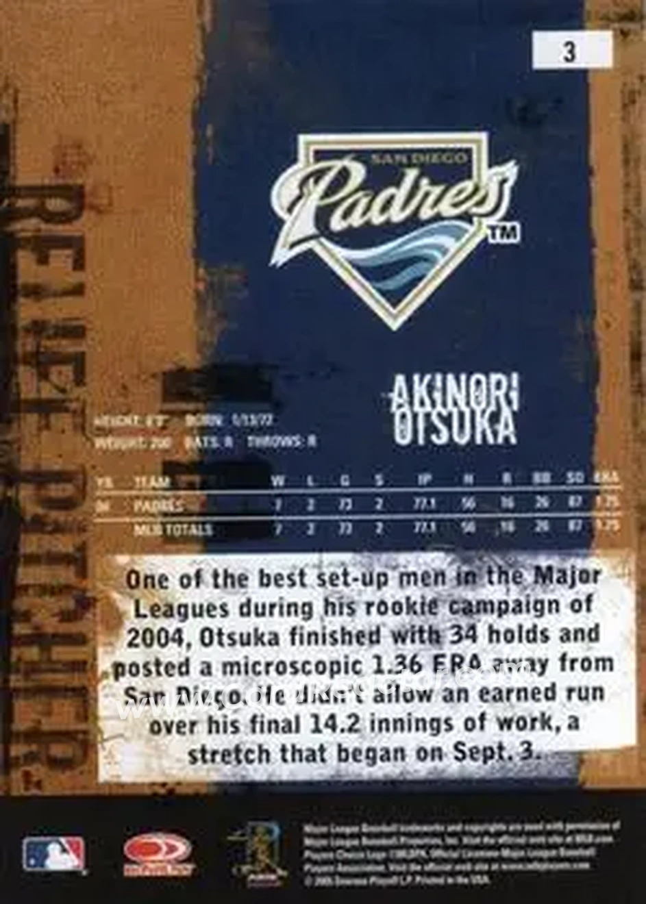 2005 Donruss Leather & Lumber #3 - Akinori Otsuka - San Diego Padres - Back 2005 Donruss Leather & Lumber #3 - Akinori Otsuka - San Diego Padres - Back