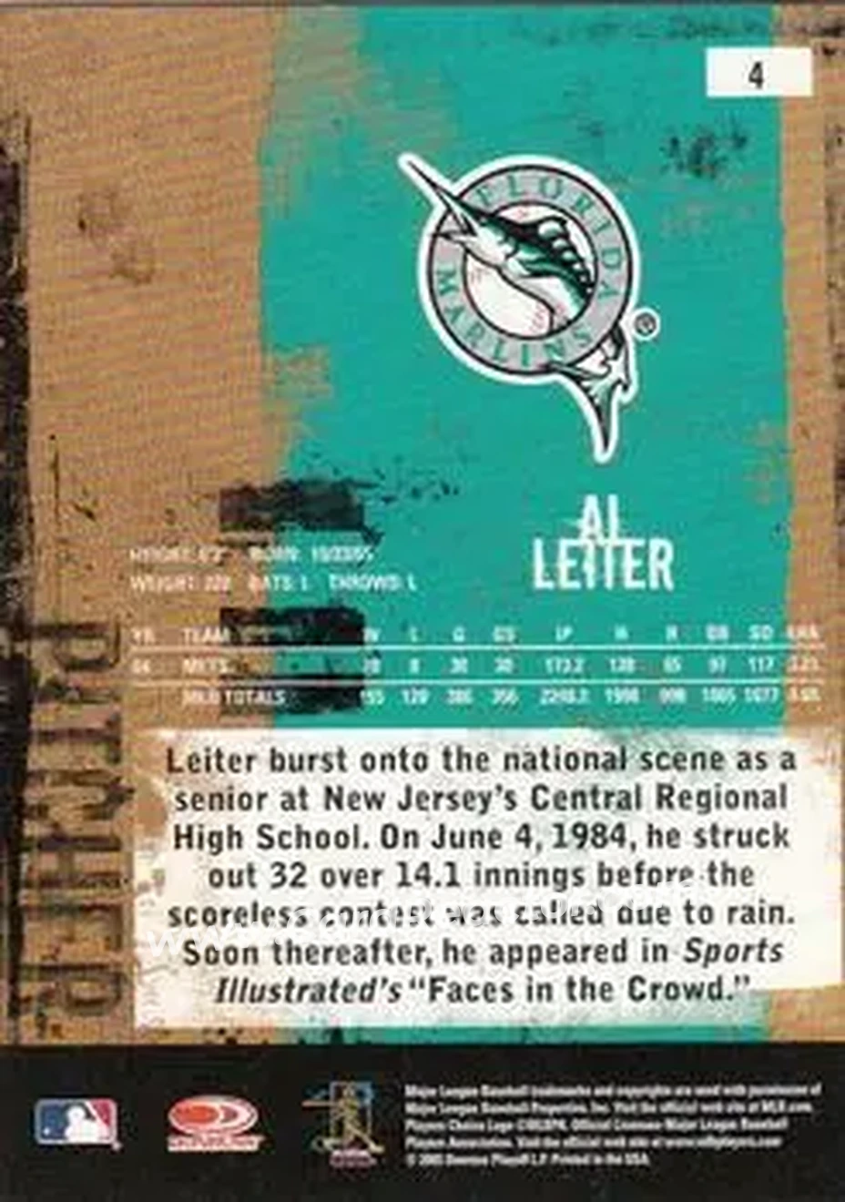 2005 Donruss Leather & Lumber #4 - Al Leiter - Florida Marlins - Back