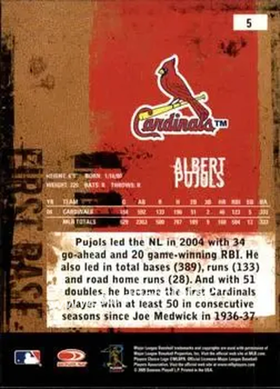2005 Donruss Leather & Lumber #5 - Albert Pujols - St. Louis Cardinals - Back 2005 Donruss Leather & Lumber #5 - Albert Pujols - St. Louis Cardinals - Back