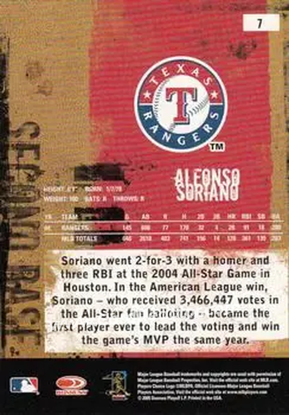 2005 Donruss Leather & Lumber #7 - Alfonso Soriano - Texas Rangers - Back