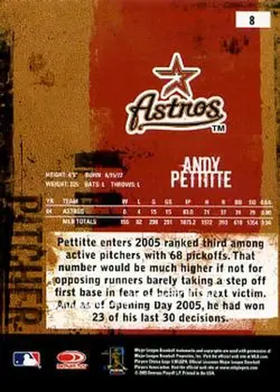 2005 Donruss Leather & Lumber #8 - Andy Pettitte - Houston Astros - Back