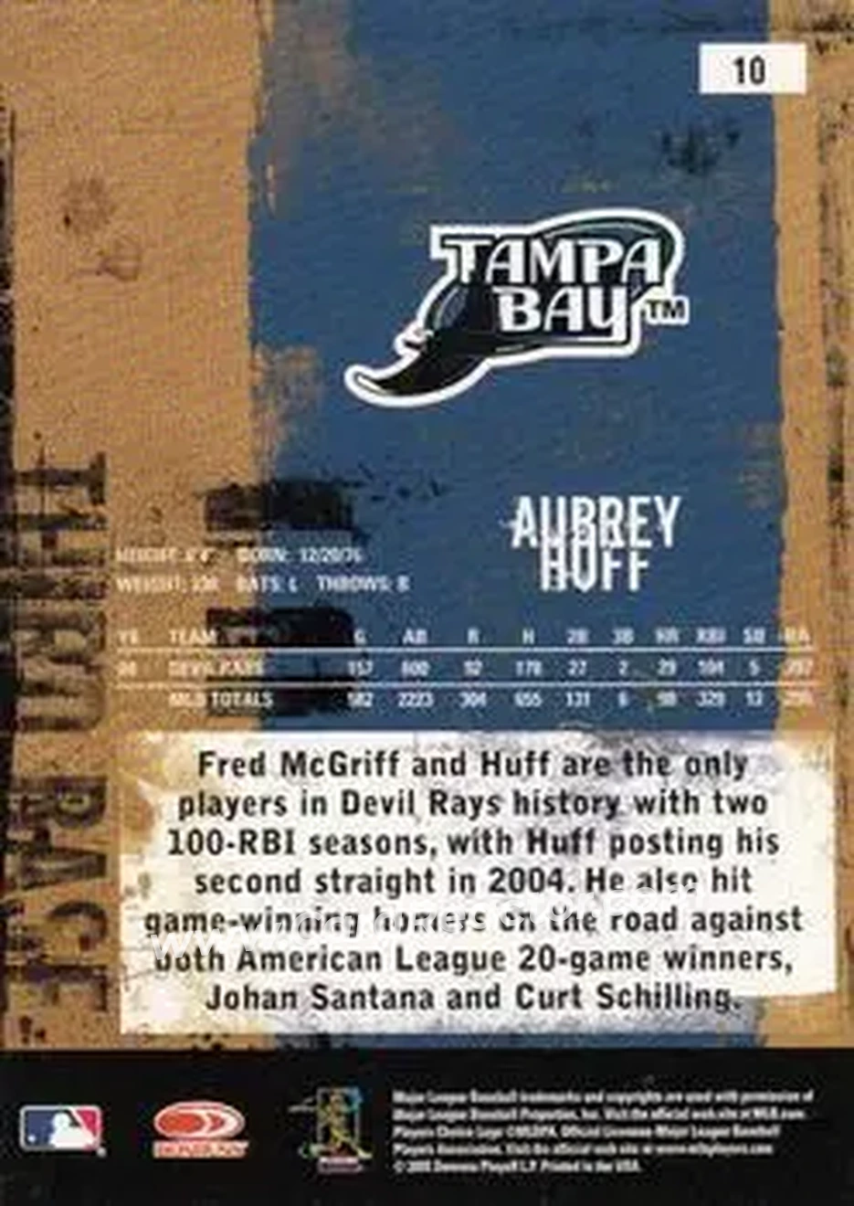 2005 Donruss Leather & Lumber #10 - Aubrey Huff - Tampa Bay Devil Rays - Back