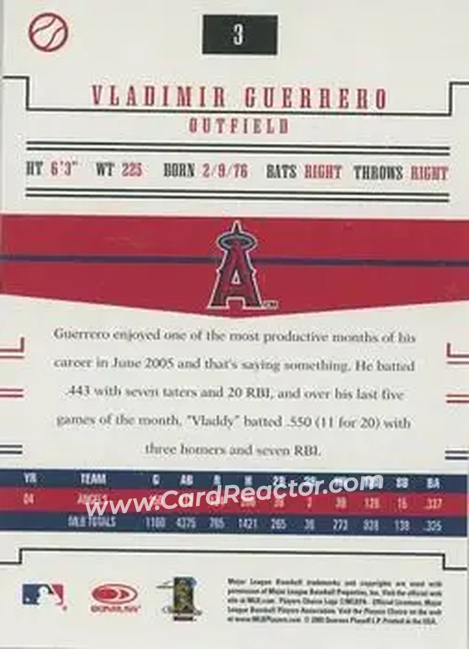 2005 Donruss Prime Patches #3 - Vladimir Guerrero - Los Angeles Angels - Back